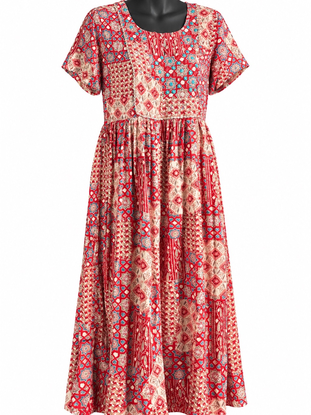 India Red patchwork crinkle boho midi dress d4